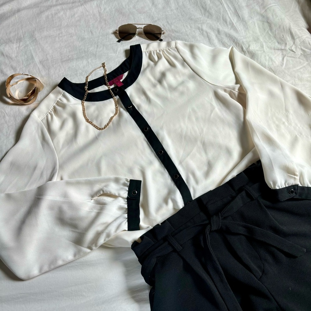212 Collection Button Up Blouse, Ivory & Black, XL